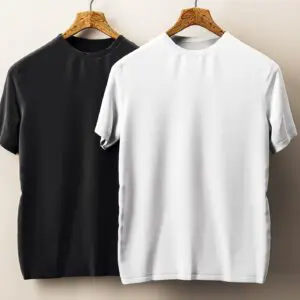 Black and white t-shirts on hangers.